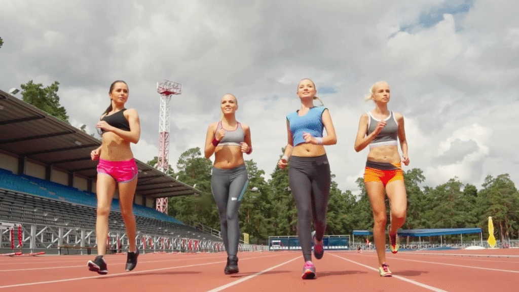 dolly shot of group of four attractive young women running on track towards the camera in slow motion nvm1pgbjl F00071